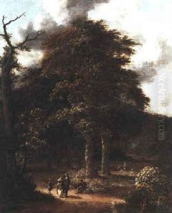 A Wooded Landscape With An Elegant Couple On A Path Passing A Beggar
