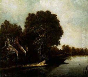 A River Landscape With Peasants By A Cottage And A Boat Moored On A Riverbank by Jansz van Vries