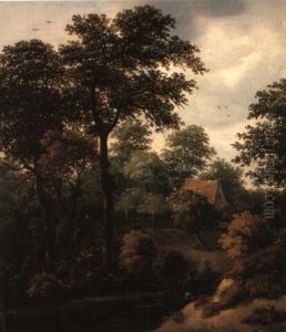 A Wooded River Landscape With An Angler On A Bank A Wooded River Landscape With An Angler On A Bank