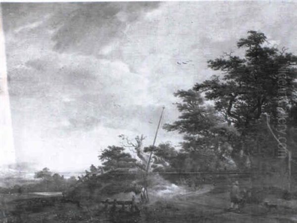 A Wooded Landscape With Peasants Resting On A Track By A Cottage - view 1