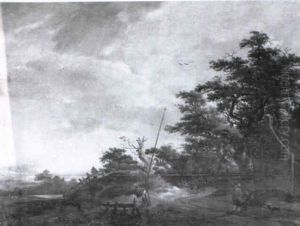 A Wooded Landscape With Peasants Resting On A Track By A Cottage by Jansz van Vries