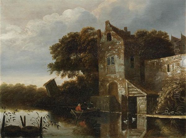 A River Landscape With Figures In A Ferry Before A House - view 1