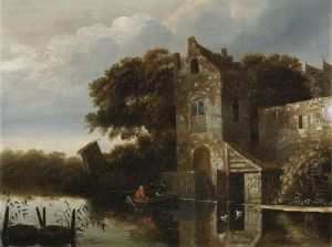 A River Landscape With Figures In A Ferry Before A House by Michel van Vries