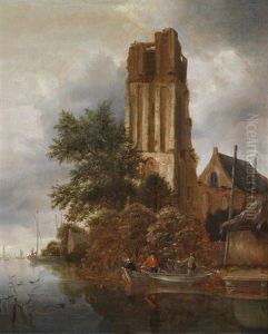 Flusslandschaft Mit Einem Fischer Vor Einer Kirchenruine by Michel van Vries