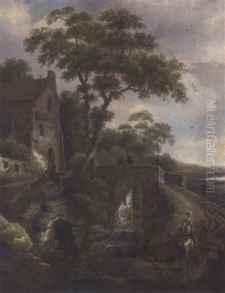 A Wooded River Landscape With Travellers By A Bridge - view 1