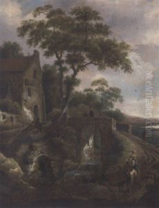 A Wooded River Landscape With Travellers By A Bridge by Michel van Vries