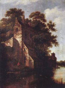 Flusslandschaft Mit Steinhaus Und Fischerboot by Michel van Vries