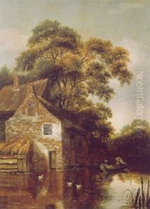 Fishermen In A Rowing Boat On A Moat By A Farm