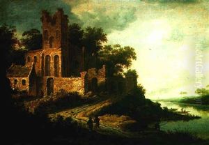 River Landscape With Travelers And Fishermen Near A Ruin by Michel van Vries