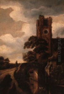 Wooded Landscape With A Church And Peasants By A Bridge by Michel van Vries