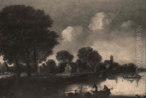 A River Landscape With Fishermen In A Boat And Travellers In A Ferry - view 1