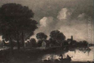 A River Landscape With Fishermen In A Boat And Travellers In A Ferry by Michel van Vries