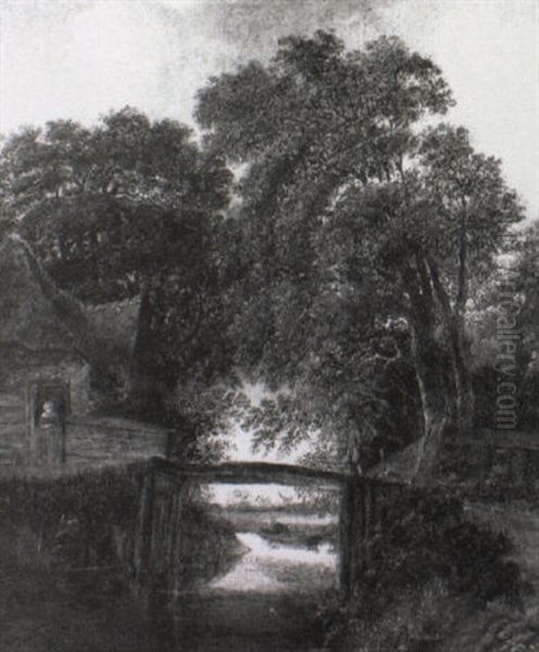 Wooded River Landsacpe With A Man Crossing A Bridge - view 1