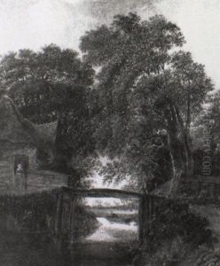 Wooded River Landsacpe With A Man Crossing A Bridge by Michel van Vries
