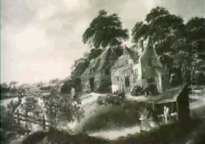 Figures Fishing On A Riverbank Before A Peasent Cottage by Michel van Vries