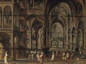 The Interior Of A Gothic Cathedral With Costumed Figures by Paul Vredemann van de Vries