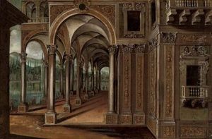 A Capriccio Of A Lakeside Palace With Elegant Company by Paul Vredemann van de Vries
