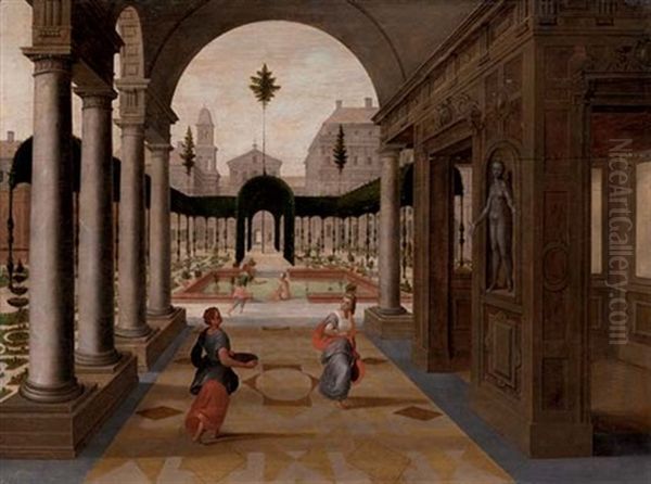 A Capriccio Of A Palace Courtyard With Figures In The Foreground And Others Bathing In An Ornamental Garden Beyond - view 1