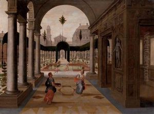 A Capriccio Of A Palace Courtyard With Figures In The Foreground And Others Bathing In An Ornamental Garden Beyond by Paul Vredemann van de Vries