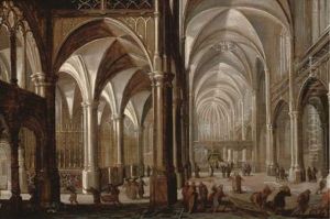 The Interior Of A Church With Christ Driving The Money Changers From The Temple by Paul Vredemann van de Vries