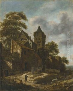 A Landscape With Cattle And Figures On A Path By A Cottage
