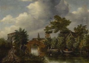 A River Landscape With A Wooden Gate, A Bridge, A Nearby Village, A Boat, And Figures