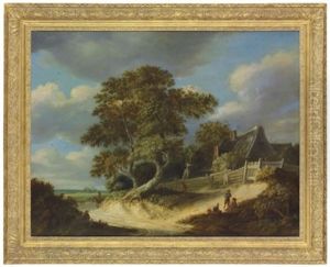 Peasants Resting On A Sandy Track Before A Farm