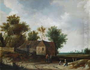 Figures Resting In A Landscape Before A House With Windmills In The Distance by Roelof van Vries