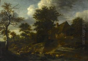 A Wooded Landscape With Figures And Sheep By A Stream In The Foreground by Roelof van Vries