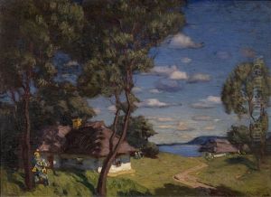 Ukrainian Landscape With Cottages by Konstantin Kharitonovich Vroblevsky