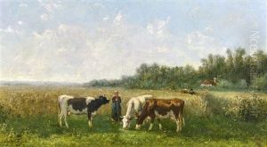 Woman With Cows In A Pastoral Landscape by Jan Vrolijk