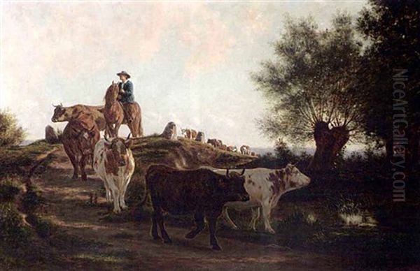 A Herd Of Cows And Their Drover In A Landscape - view 1
