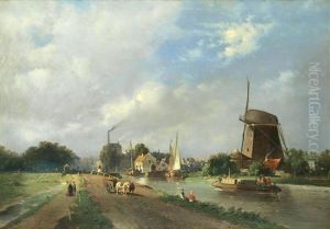 Dutch Canal Scene by Adrianus Jacobus Vrolyk