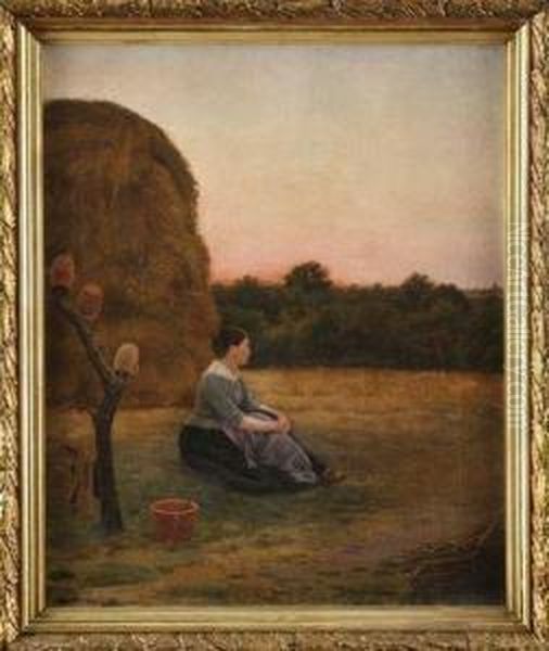 Jeune Femme Assise Au Pied D'une Meule De Foin - view 1
