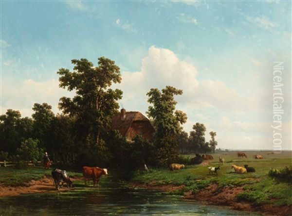 Farmer's Wife With Milk Buckets And Cattle By The Pond - view 1