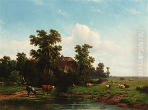 Farmer's Wife With Milk Buckets And Cattle By The Pond by Adrianus Jacobus Vrolyk