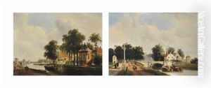 A Summer's Day On The Trekvliet Seen From Haagzigt, Voorburg (and The Trekweg Along The Trekvliet With The Old Railway Bridge, The Hague; Pair) by Adrianus Jacobus Vrolyk