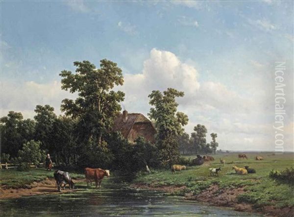 Grazing Cattle By A Pond Near A Farmhouse - view 1