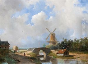 Activity Along The Water's Edge With A Mill In The Background by Adrianus Jacobus Vrolyk
