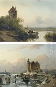 On The Ice On The Outskirts Of A Town (+ Preparing The Nets On A Summer's Day; Pair) by Adrianus Jacobus Vrolyk