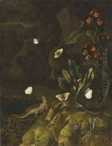A Forest Floor With A Lizard, A Snake, Butterflies And A Bleeding Heart by Isac Vromans