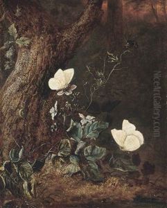 A Forest Floor With A Snail On A Tree Trunk, Blackberries, Butterflies And A Bumblebee
