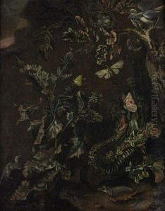 A Forest Floor Still Life With A Thistle, A Bird's Nest, Butterflies, A Snake, And Other Animals