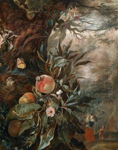 Waldstillleben Mit Einer Frau Mit Kind Im Hintergrund by Isac Vromans