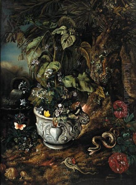 Flowers In A Sculpted Urn, With A Lizard, A Snake, Toadstools, Butterflies, And Overturned Urn And Peonies On A Forest Floor - view 1