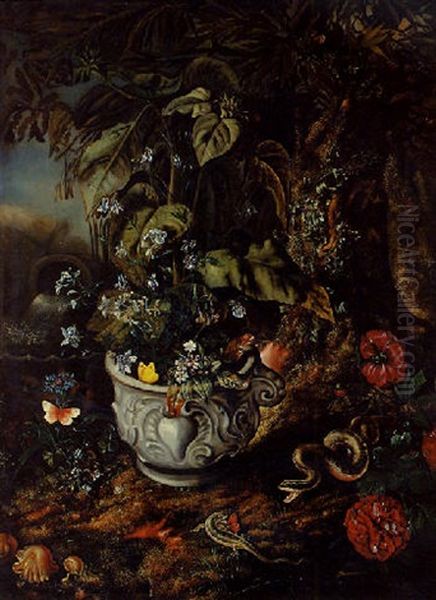 Flowers In A Sculpted Urn, With A Lizard, A Snake, Toadstools, Butterflies, An Overturned Urn And Peonies On A Forest Floor - view 1