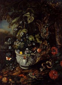 Flowers In A Sculpted Urn, With A Lizard, A Snake, Toadstools, Butterflies, An Overturned Urn And Peonies On A Forest Floor