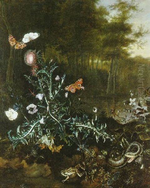 Nature Morte De Sous-bois Aux Chardons Et Papillons - view 1