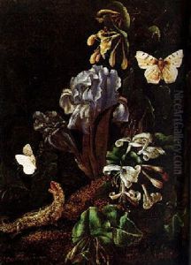 Still Life Of A Forest Floor With Flowers, Lizard And Butterflies by Isac Vromans