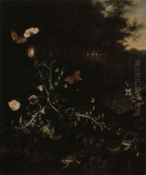 Wooded Landscape With Butterflies, A Thistle, And Snake And Frog - view 1
